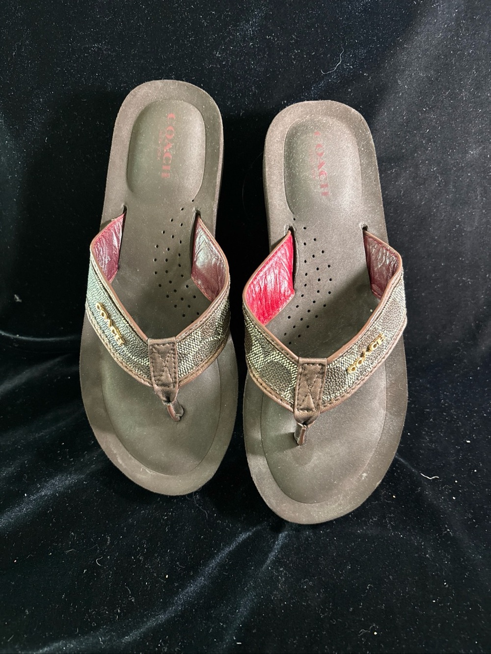 Coach Brown Flip-Flop Sandals with Red Accents